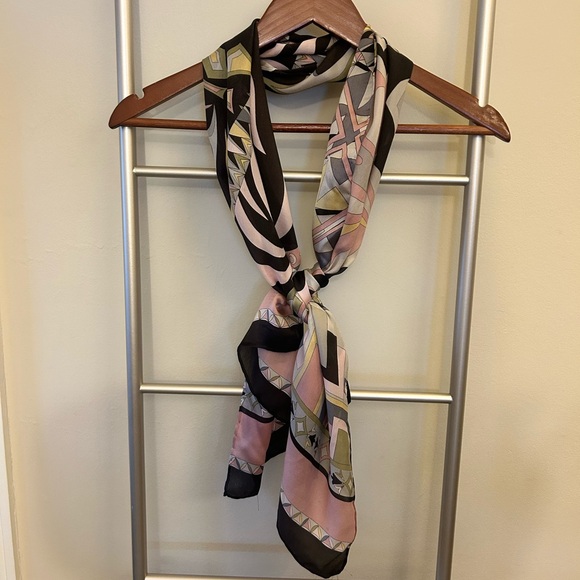 Pucci-Inspired Carlisle 100% Silk Scarf. Oblong 58”x19” Pink, Brown, Gray, Green - Picture 2 of 6
